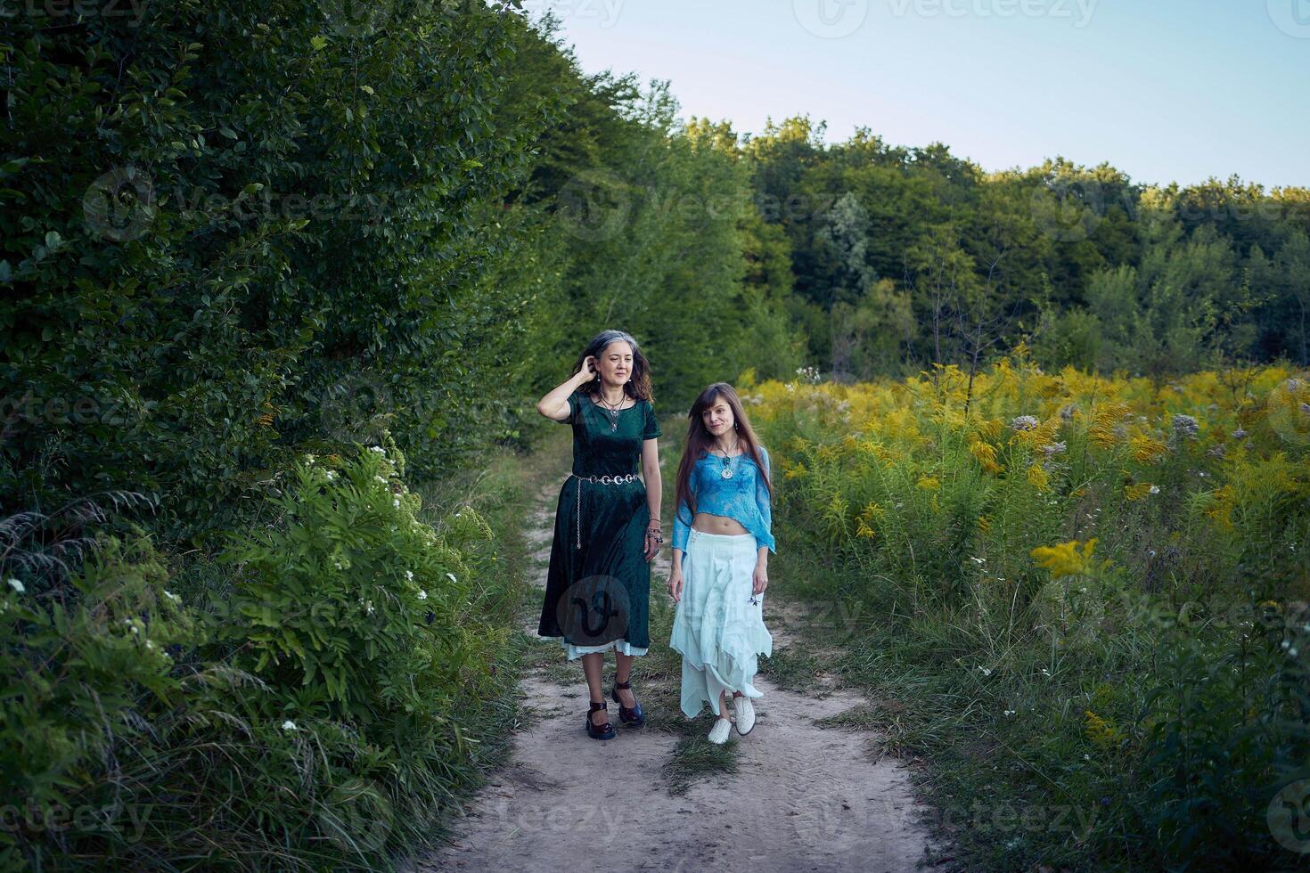 two woman in a whimsical aesthetic style dress in a field in the summer at sunset photo