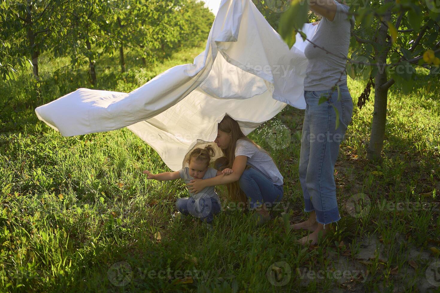 a family of four is playing with a white sheet in the garden, a toddler wants to flutter the sheet photo