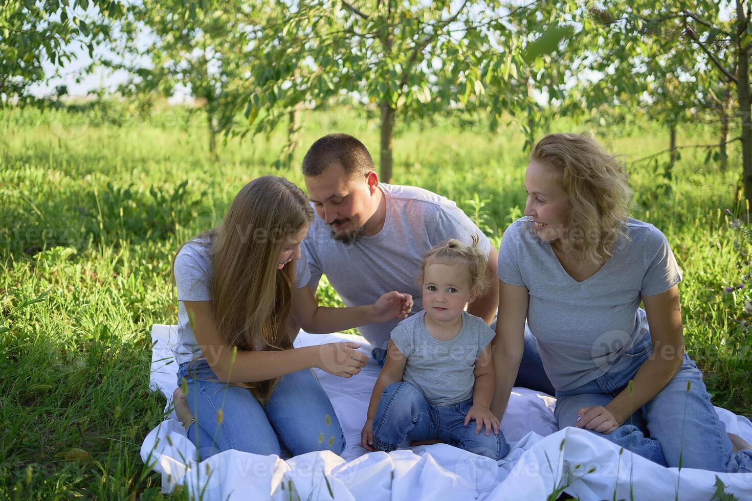a family of four on a picnic in the park photo