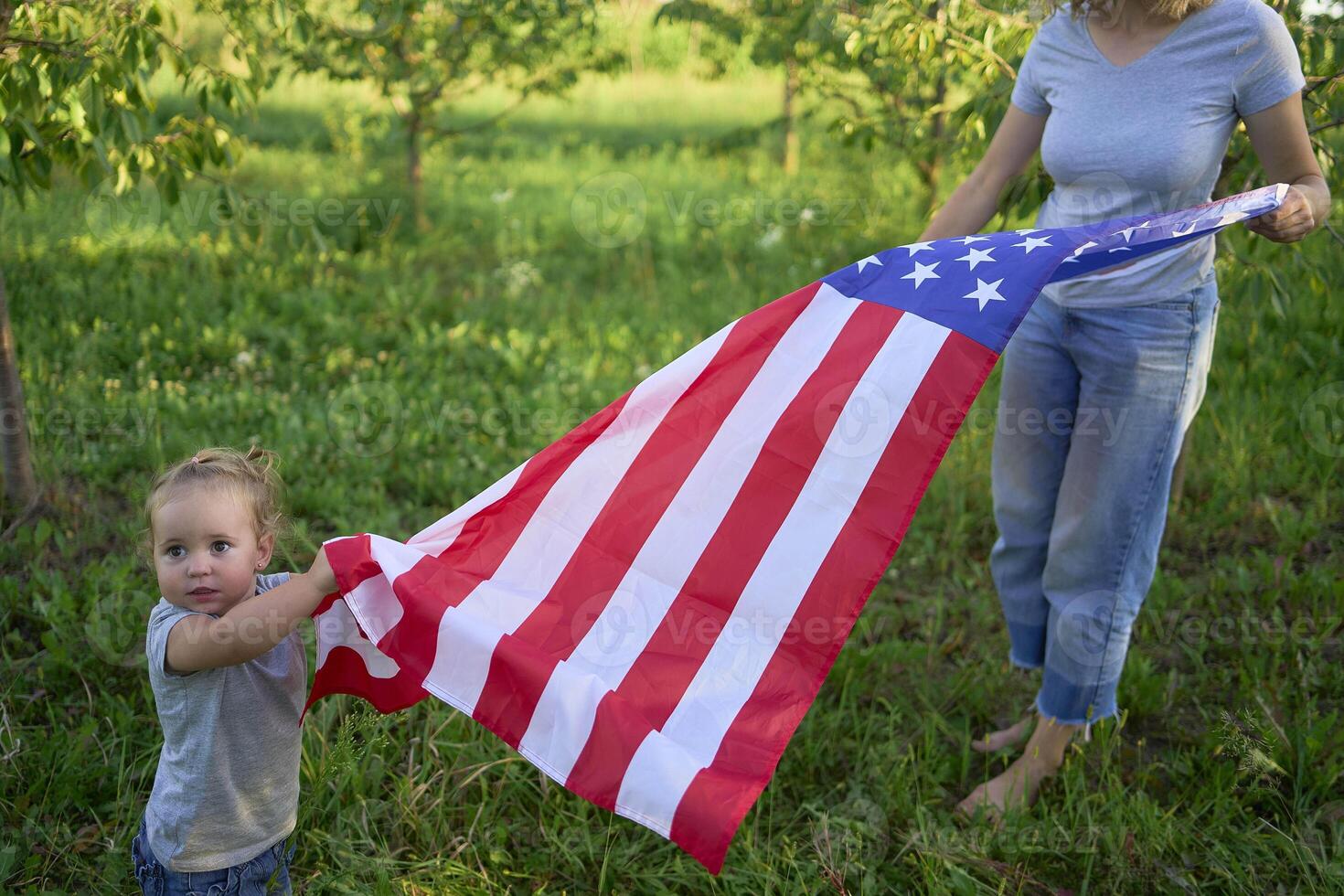 family on independence day picnic with american flag photo
