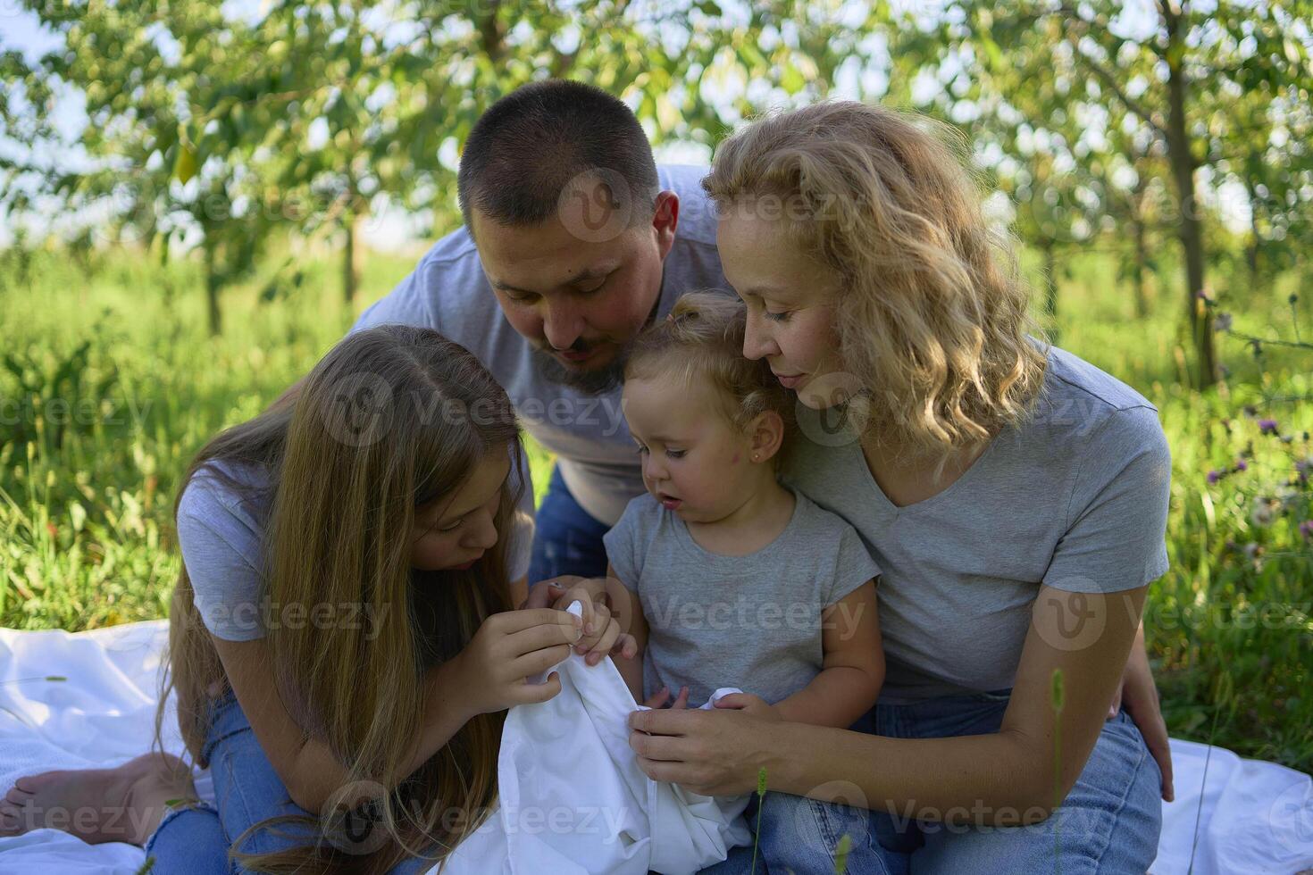 a family of four on a picnic in the park photo