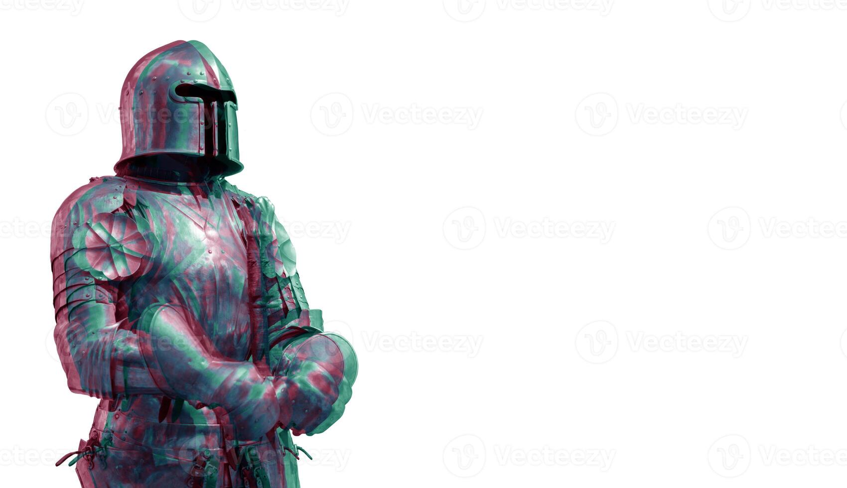 Knight in shiny metal armor on a white background. double exposure. photo