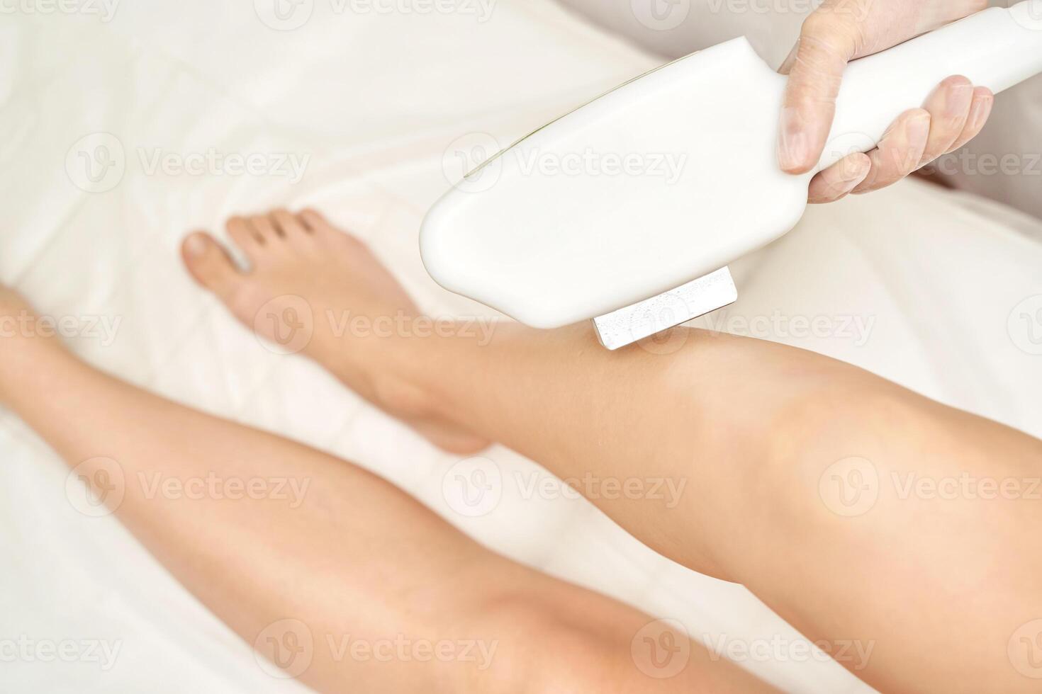 Laser hair removal treatment. Leg. Clinic skin care procedure. Medical dermatology photo equipment. People epilation device. Cosmetology technology salon epilation. Body aesthetic concept