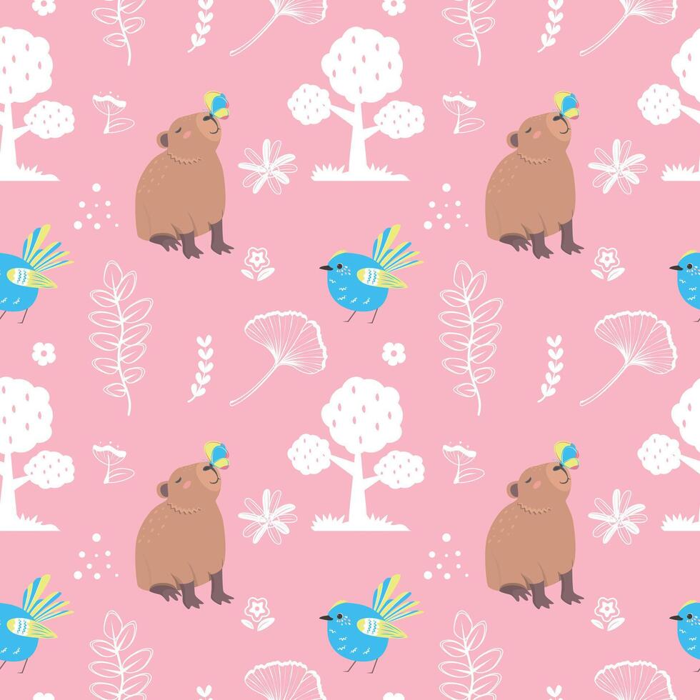 Cute seamless pattern with capybara, tree and bird. Perfect for kids apparel, greeting card design, fabric print, baby prints, wallpaper, wrapping paper design, wallpaper design and home textiles. vector