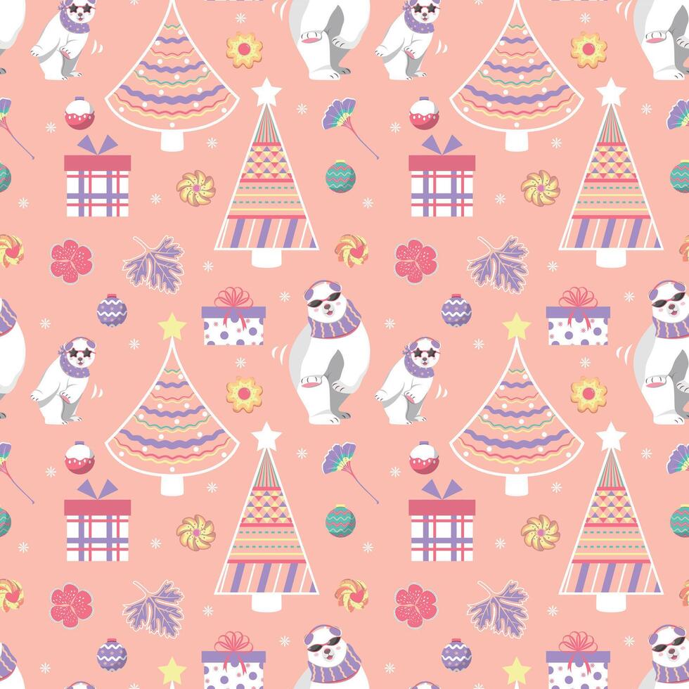Cute seamless pattern with polar bear, floral, cookies and Christmas trees. Perfect for kids design, cover design, fabric print, wrapping paper design, baby prints, Christmas cards and decor textiles. vector