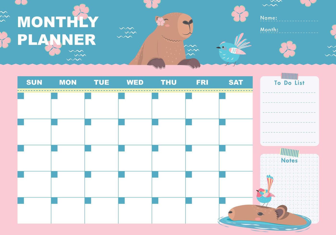 Monthly planner with capybara, floral and bird in flat cartoon style. Schedule template, monthly planner for printing. Cartoon capybara illustration for kids. To do list, Notes. vector