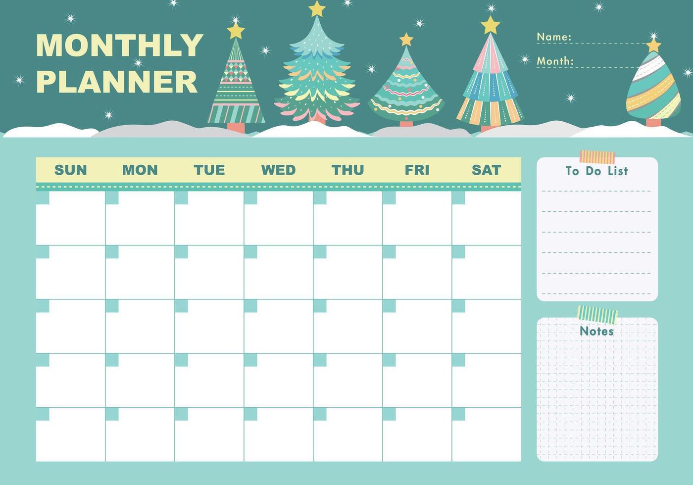 Monthly planner with Christmas trees in flat cartoon style. Schedule template, monthly planner for printing. Cartoon trees illustration for kids. To do list, Notes. vector