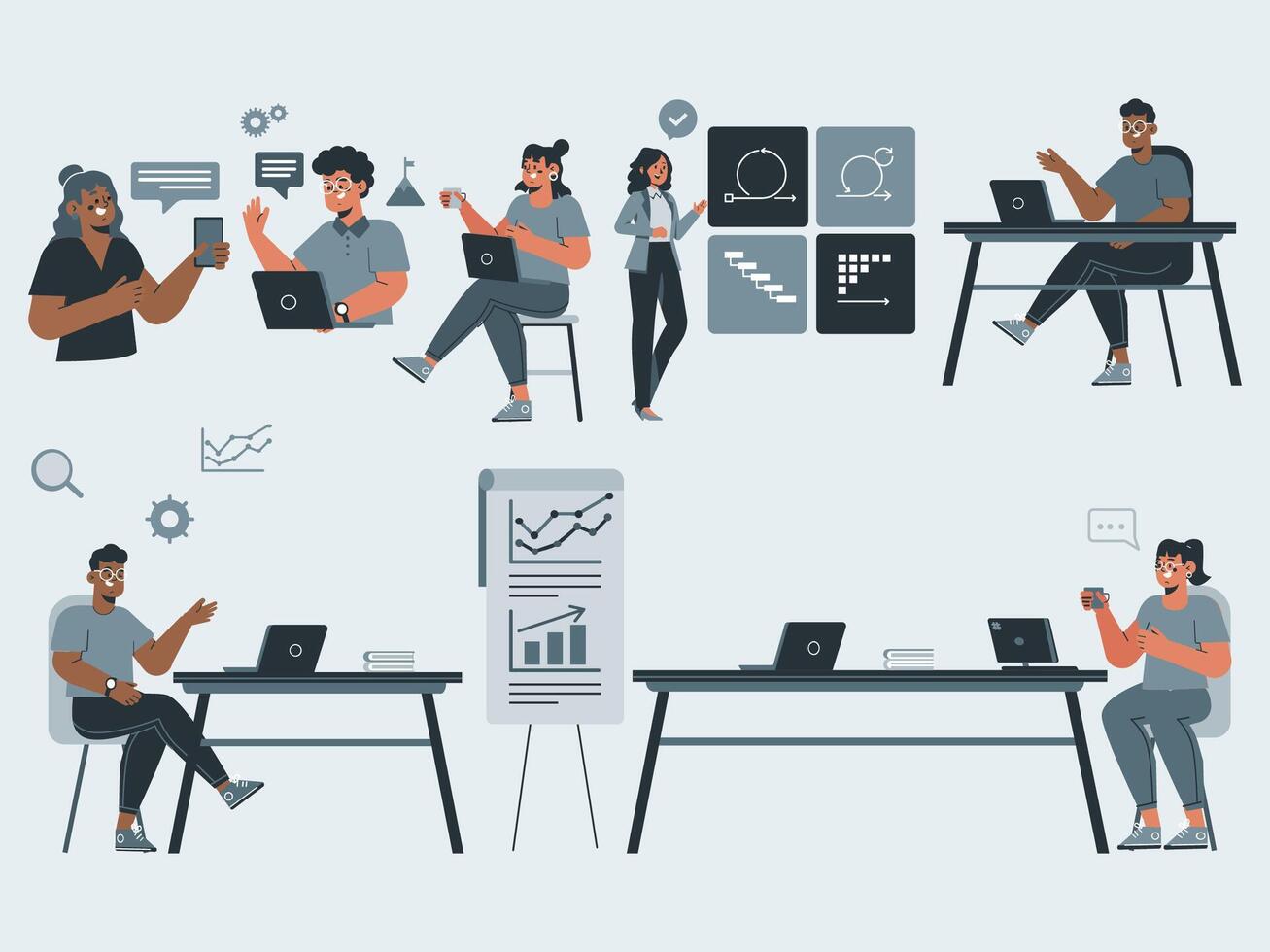 people working on laptops and tablets in an office vector