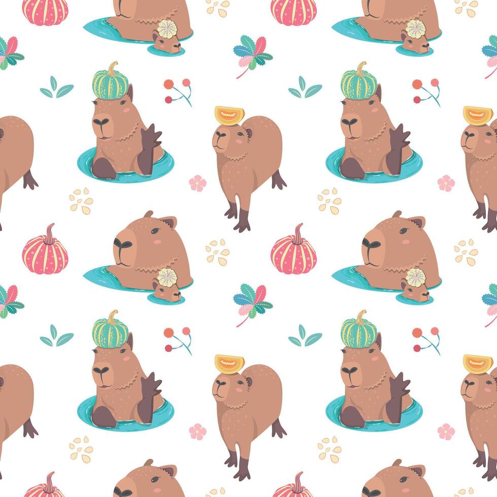 Cute seamless pattern with capybara, floral and pumpkin. Perfect for kids apparel, greeting card design, fabric print, baby shower, wallpaper, wrapping paper design, baby prints and home textiles. vector