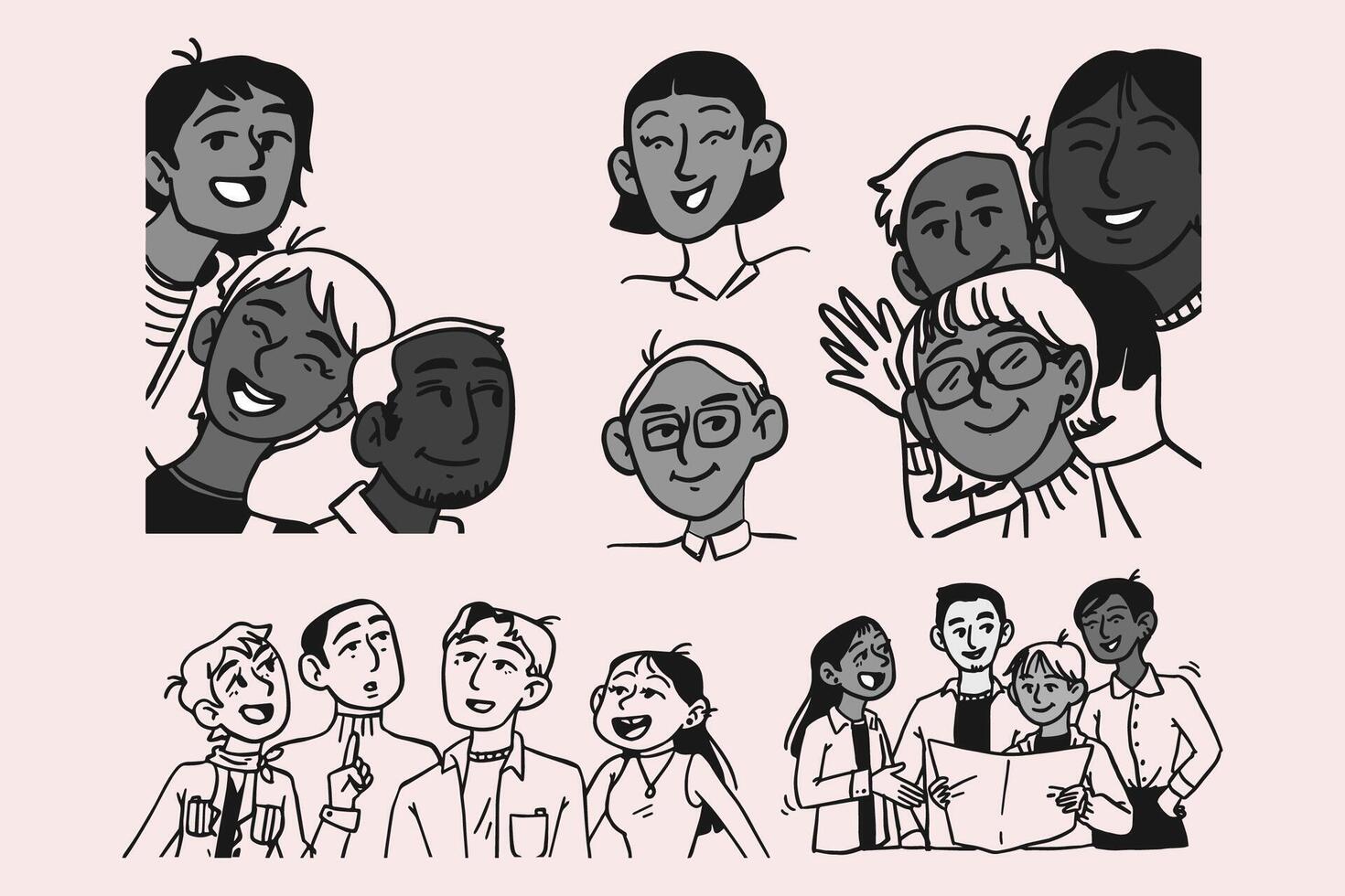 a group of people are shown in black and white vector