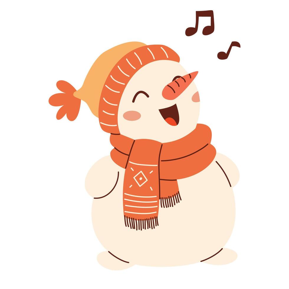 Flat illustration in children's style on New Year's theme. Cute snowman in a hat and mittens singing songs vector