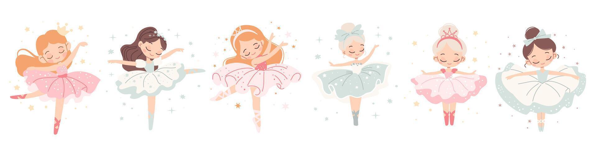 collection of cute dancers. Beautiful ballerina princesses dancing on white background vector