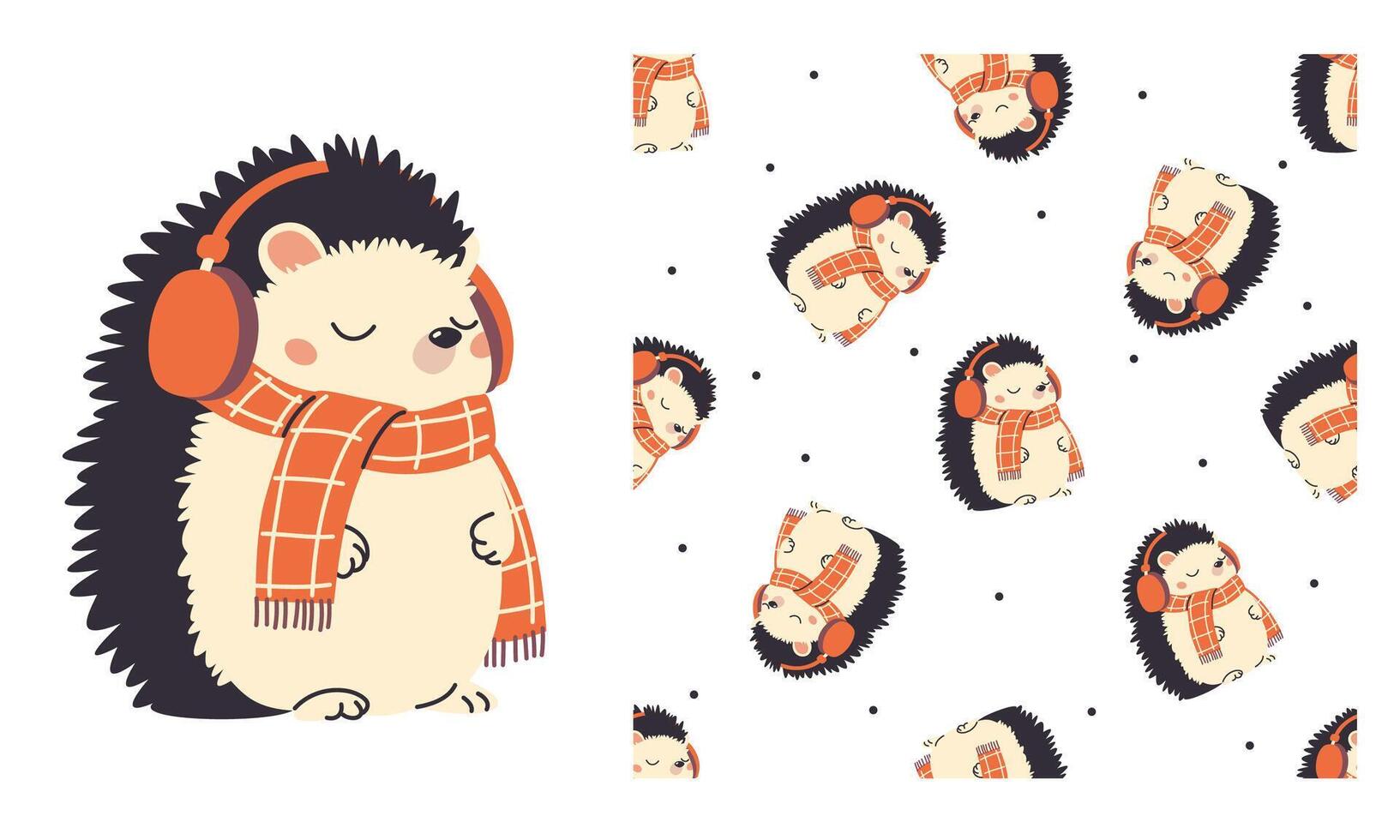 A set of prints for printing on children's products. Seamless pattern and print for printing. Cute hedgehog in winter hat and scarf and headphones vector