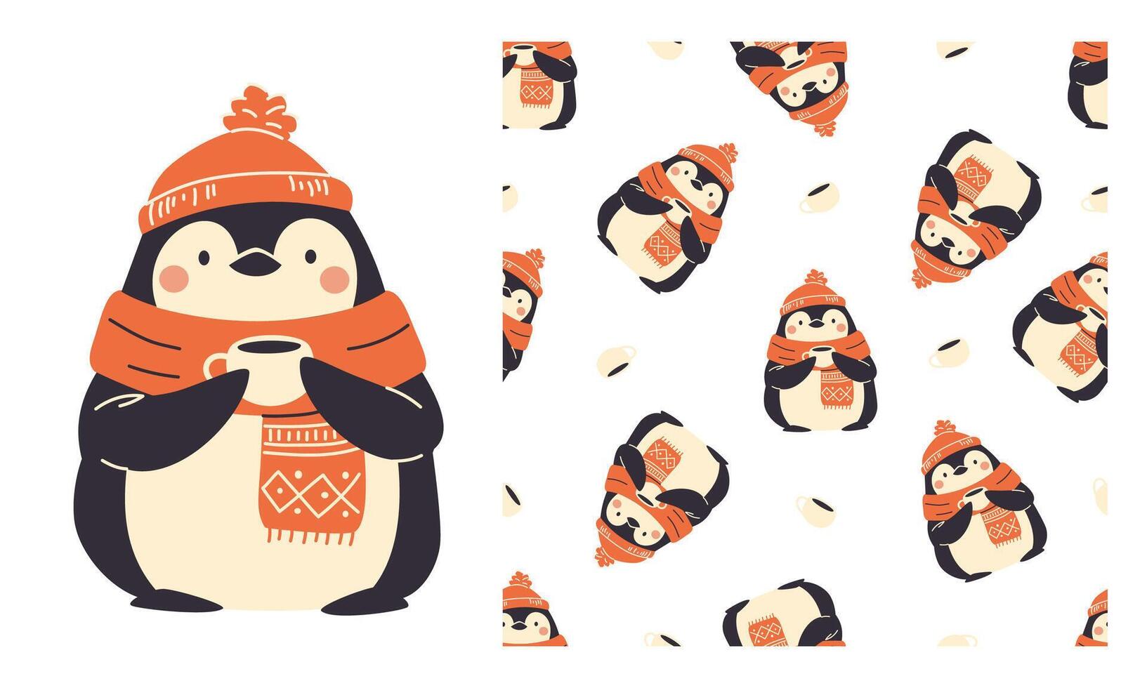 A set of prints for printing on children's products. Seamless pattern and print for printing. Cute penguin in scarf and hat drinking tea. vector
