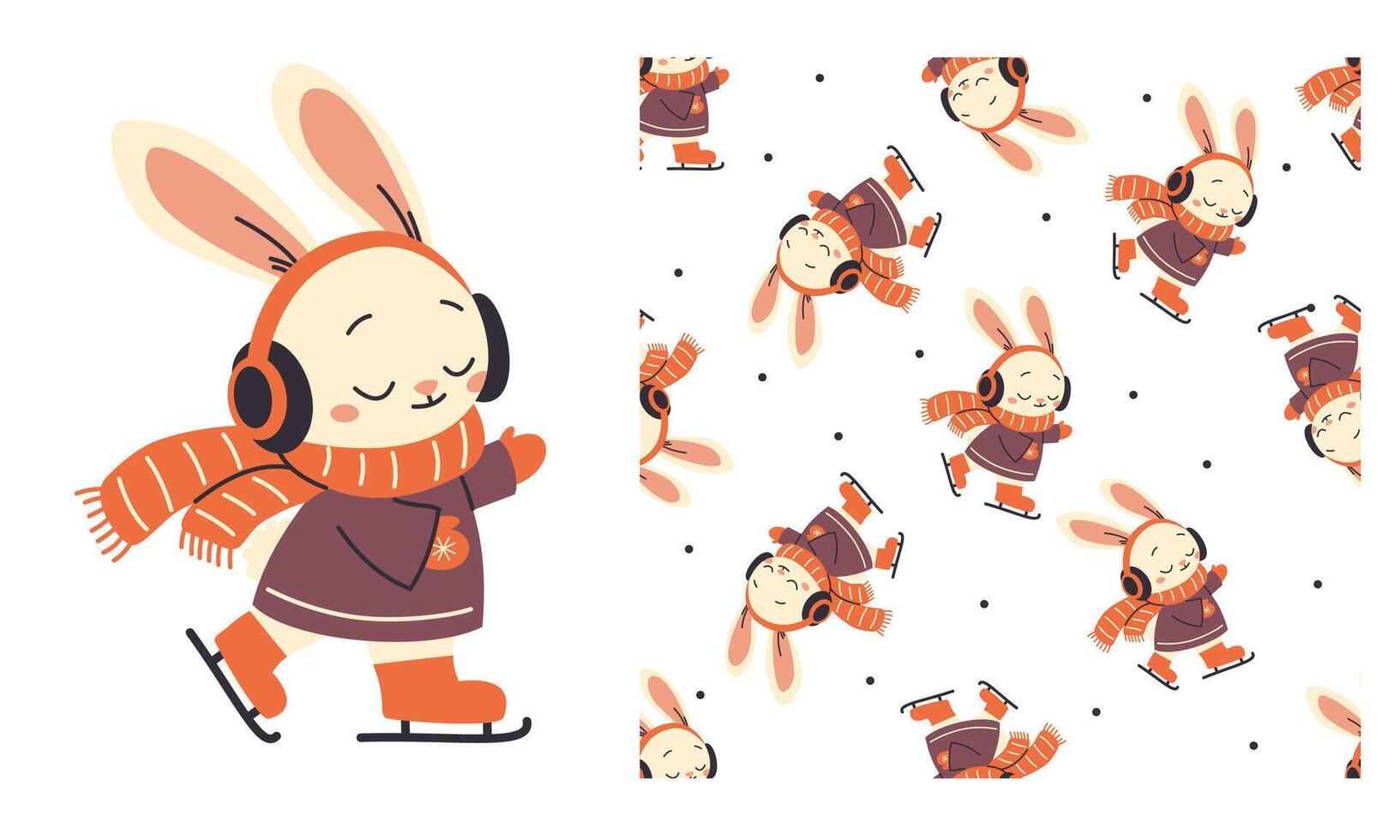 A set of prints for printing on children's products. Seamless pattern and print for printing. Cute hare in coat and scarf skating on ice skates. vector