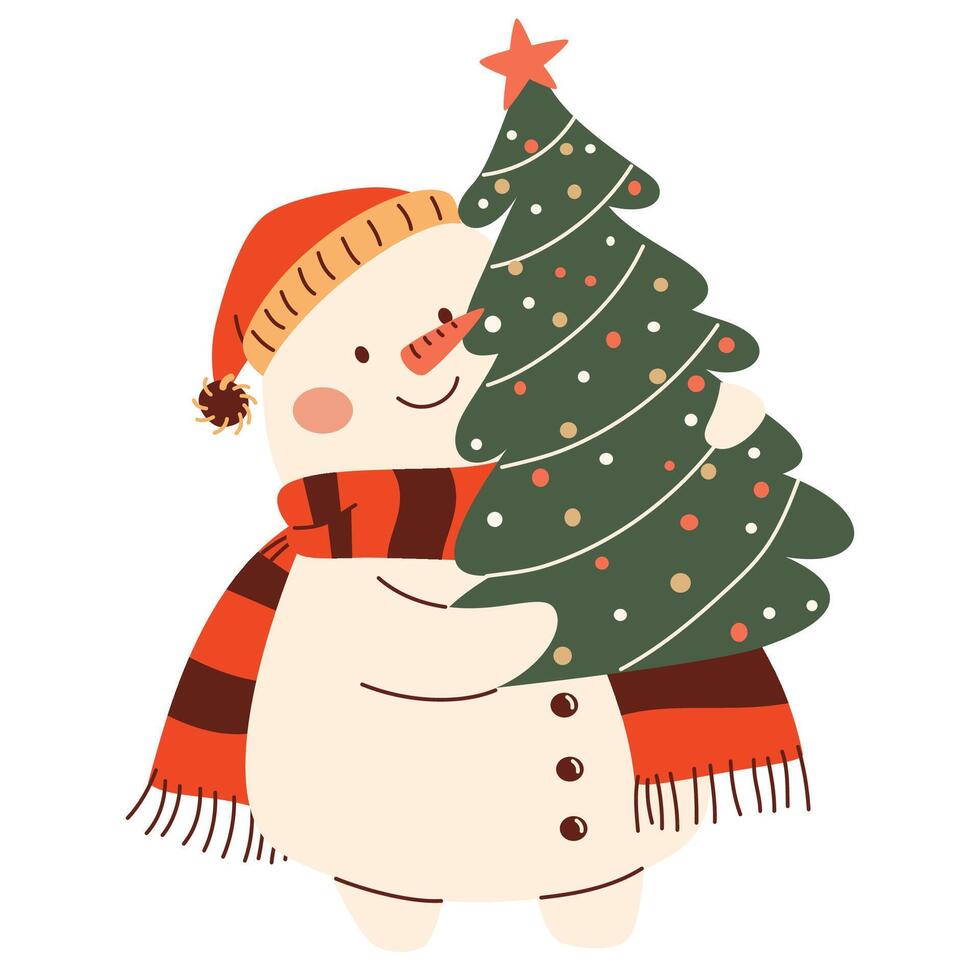 Flat illustration in children's style on New Year's theme. Cute snowman in a hat carrying Christmas tree vector
