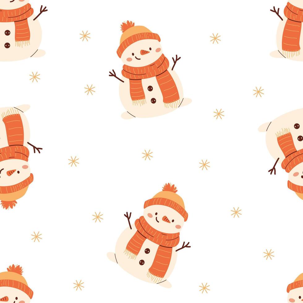 Seamless pattern in children's style for New Year holidays. Cute snowman in winter hat and mittens, snowflakes vector
