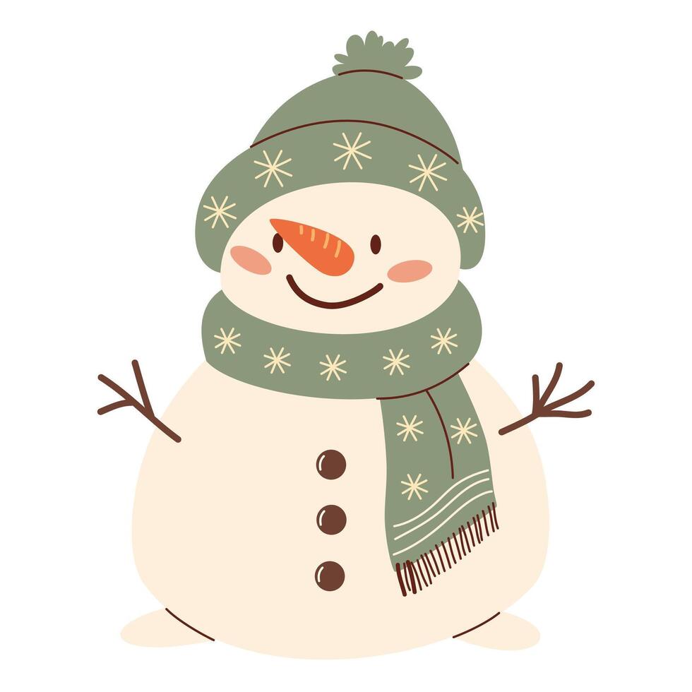 Flat illustration in children's style on New Year's theme. Cute snowman in a hat and mittens vector