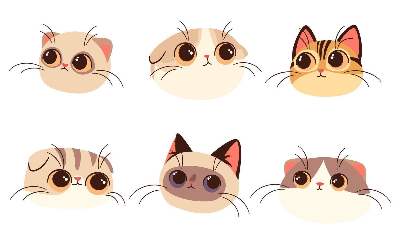 A set of flat illustrations in children's style. Cute faces of kittens, Siamese Scottish Persian vector