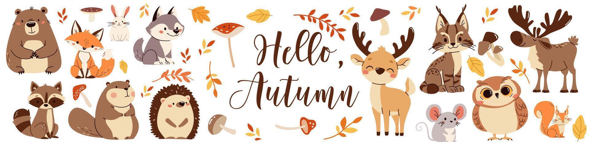 Set of flat illustrations. Forest animals, bear mouse hare elk deer hedgehog fox squirrel raccoon beaver lynx owl mushrooms, fall leaves. Lettering Hello, autumn vector