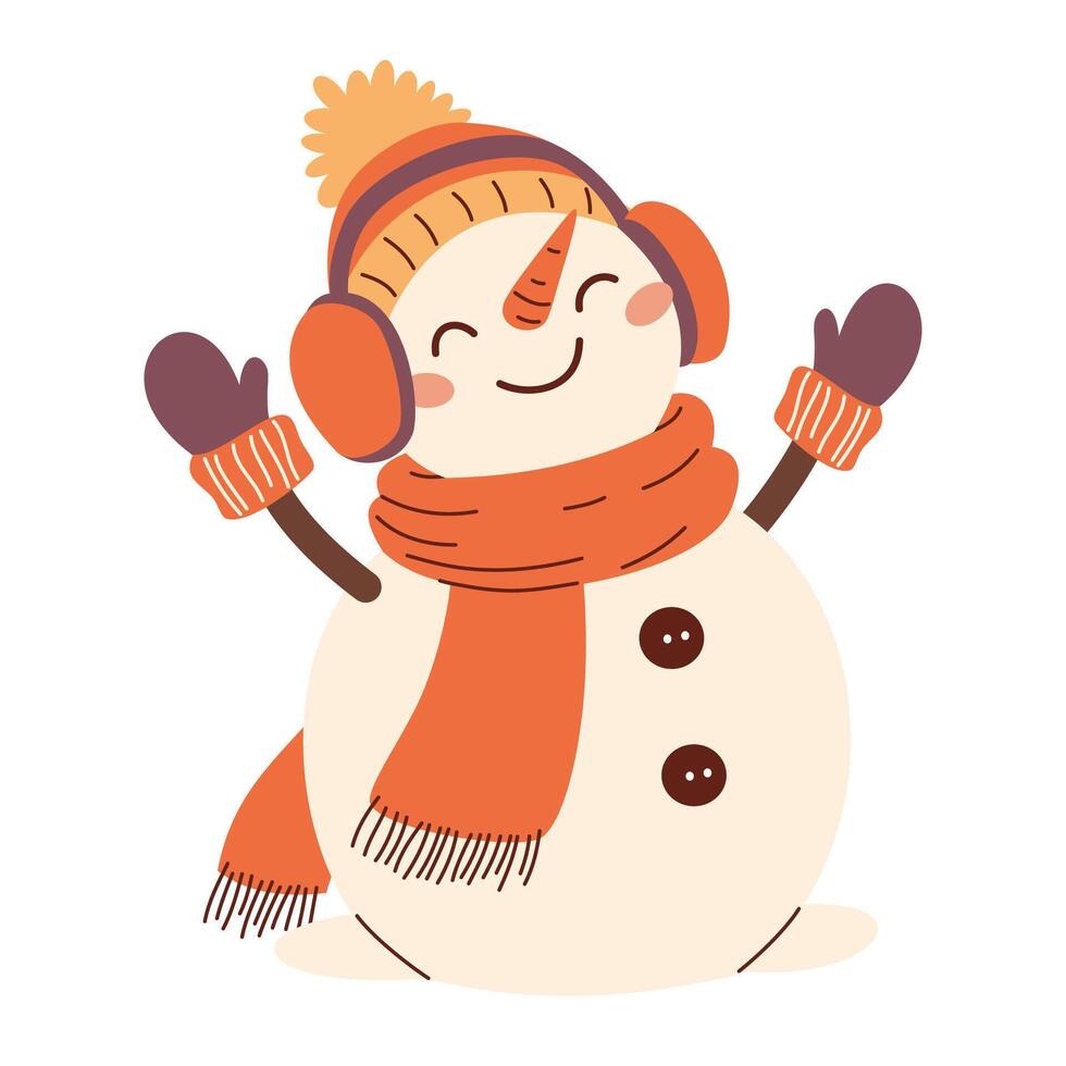 Flat illustration in children's style on New Year's theme. Cute snowman in a hat, mittens and headphones vector