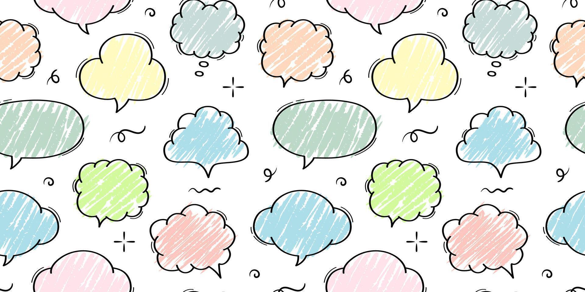 Hand drawn colorful crayon doodle speech bubble seamless pattern. Color stylish handwritten speech bubble background. vector