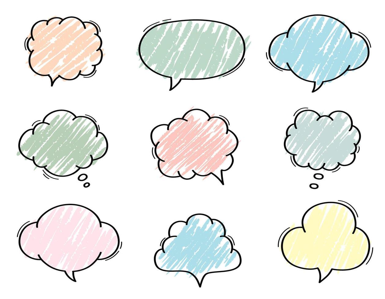Hand drawn color crayon speech bubble frame set. vector