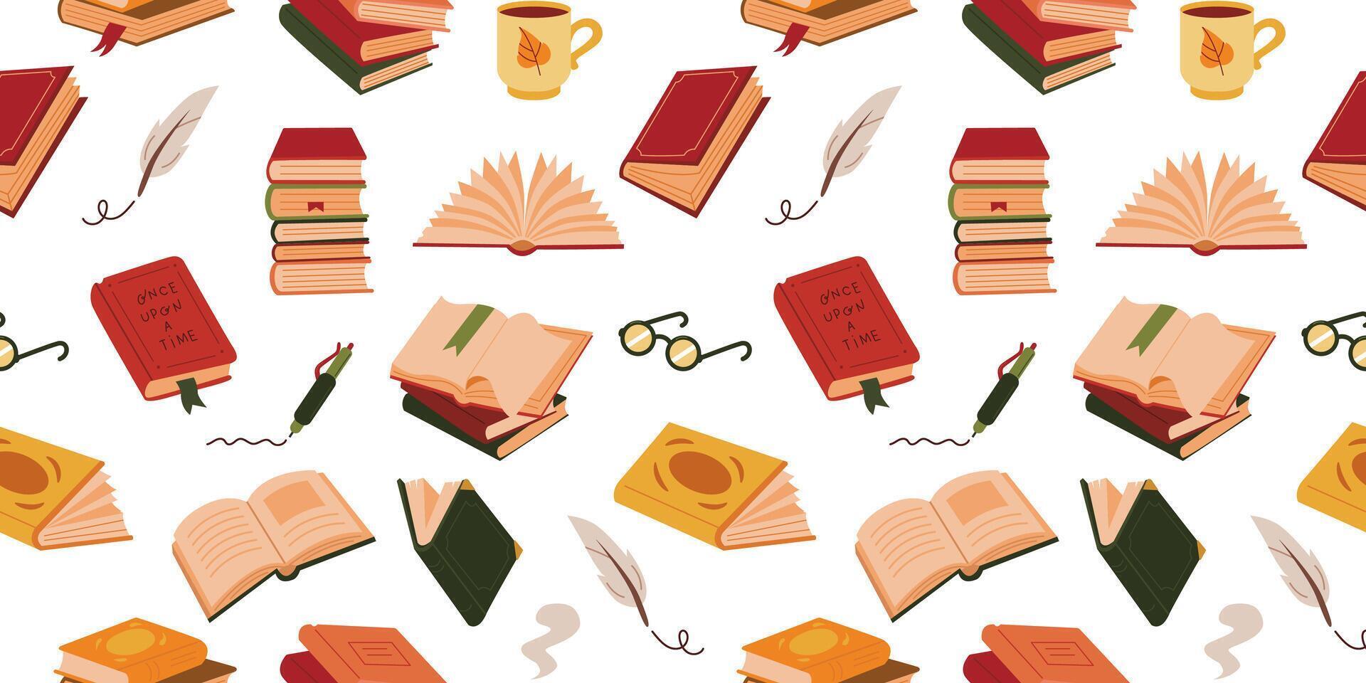 Book stack autumn color seamless pattern. Cute cozy books colorful background. Library, reading, feather, pen, mug, glasses illustrations. vector