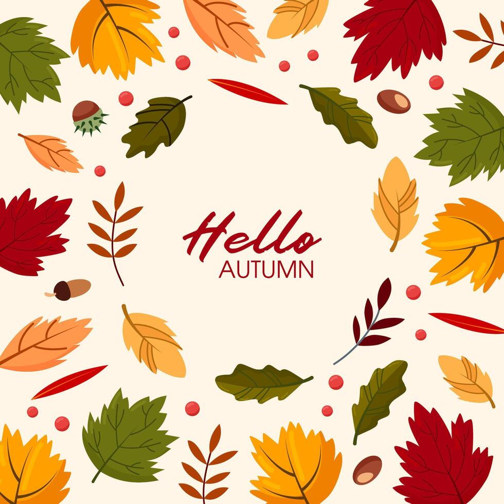 Autumn border frame. Social media post template. Colorful background with autumn leaves and copy space. vector