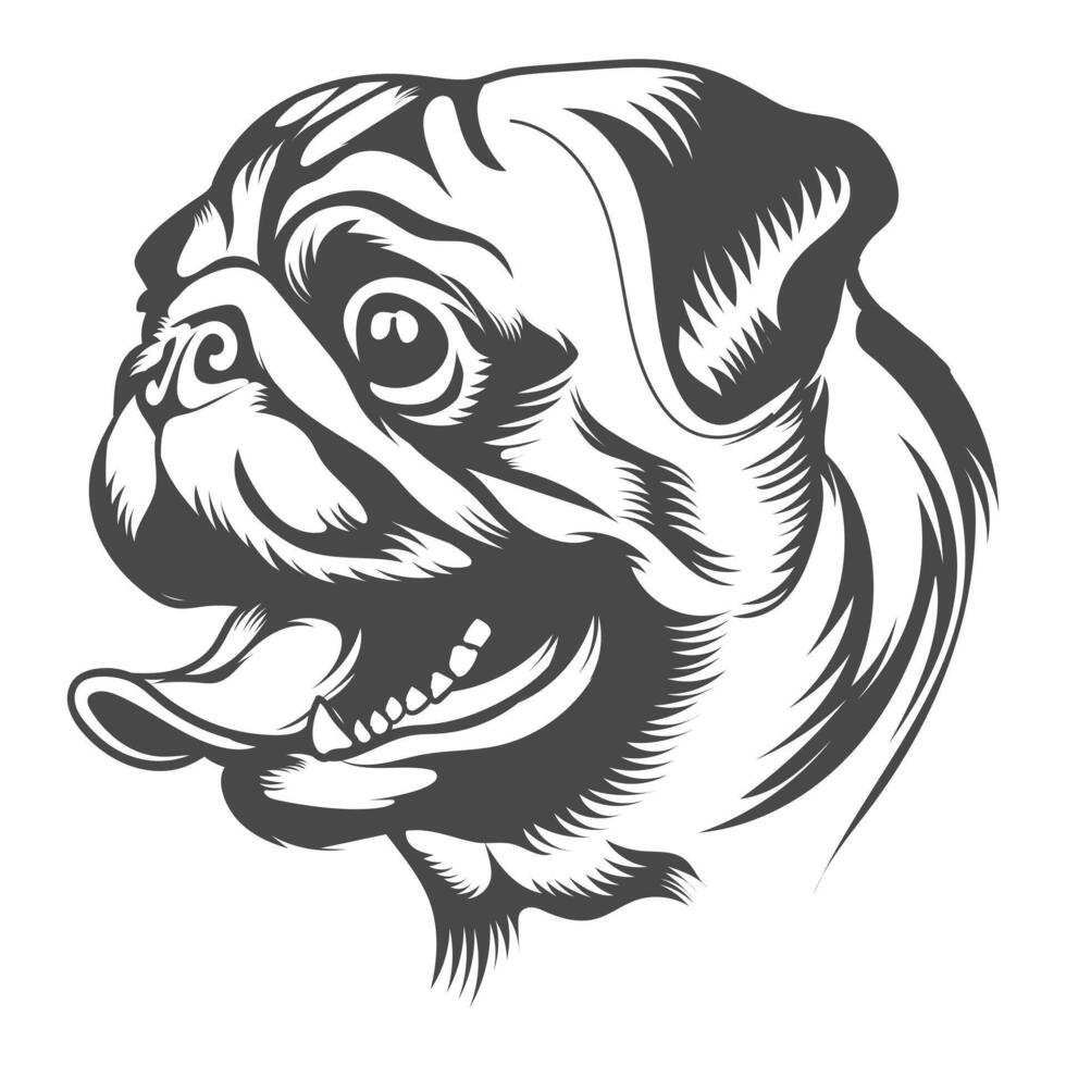 Pug dog head side view open mouth. vector