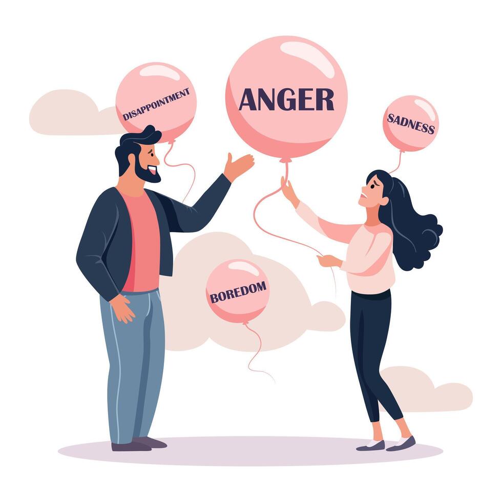 People with balloons with emotions written inside. The girl and the man show that they understand each others emotions. vector