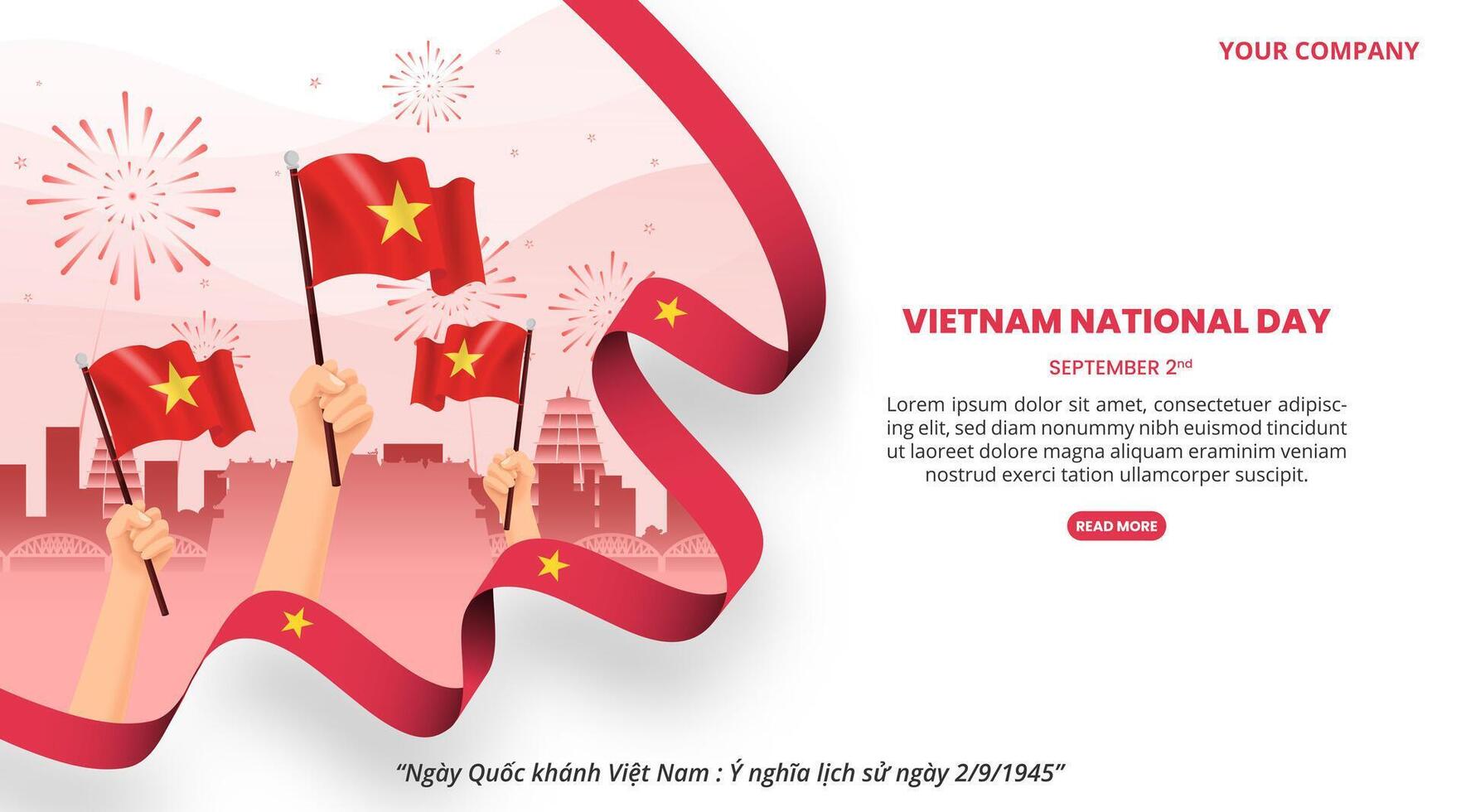 Ngay Quoc khanh Viet Nam or Vietnam National Day background with flag and buildings vector