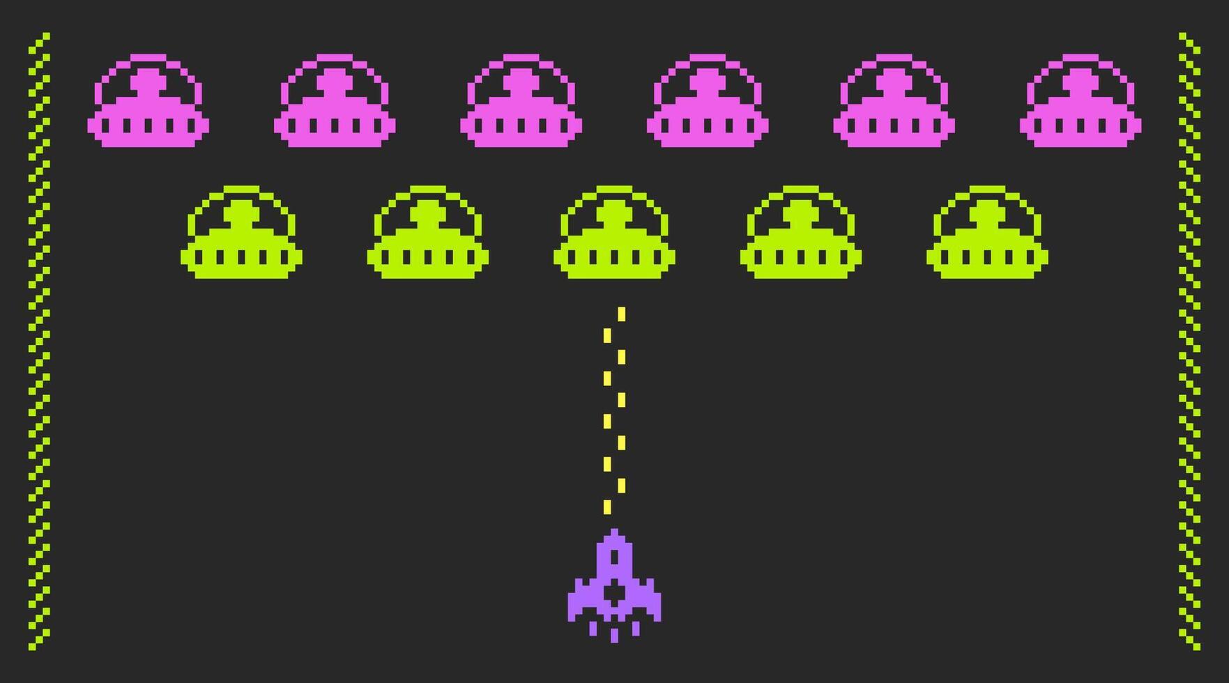 Spaceship shooting to cosmic invaders. Space invaders in pixel art style. vector