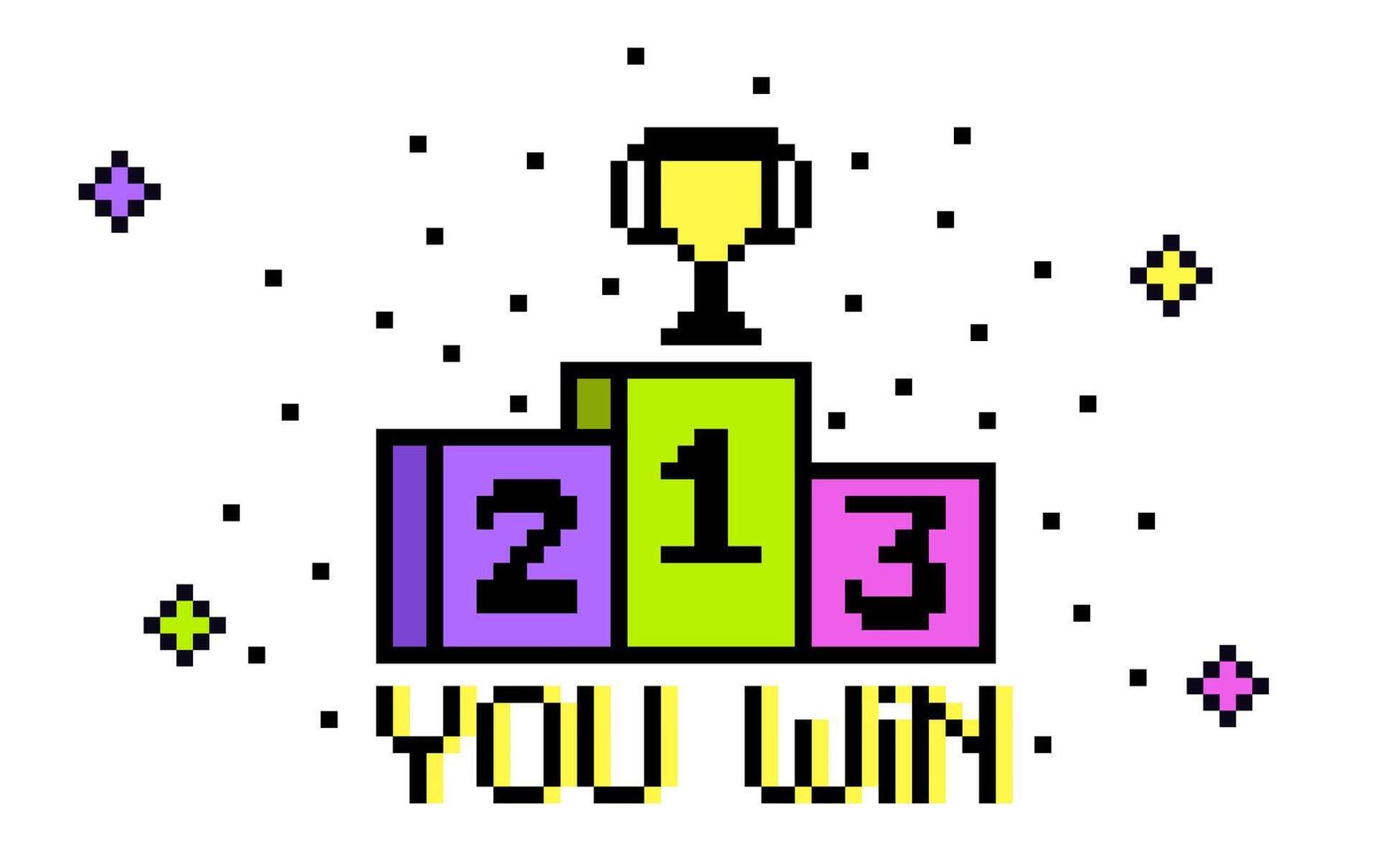 The podium of the winner of the game with prizes and a cup in pixel art style. vector