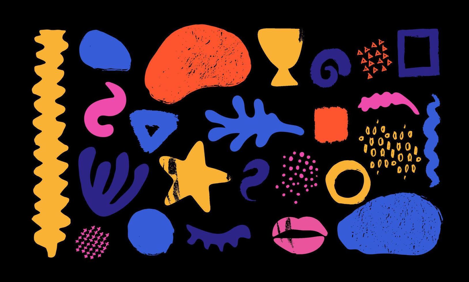 Colorful abstract shapes silhouette background. Creative minimalist style art texture on black background, trendy design with basic shapes. Modern abstract color backdrop. vector