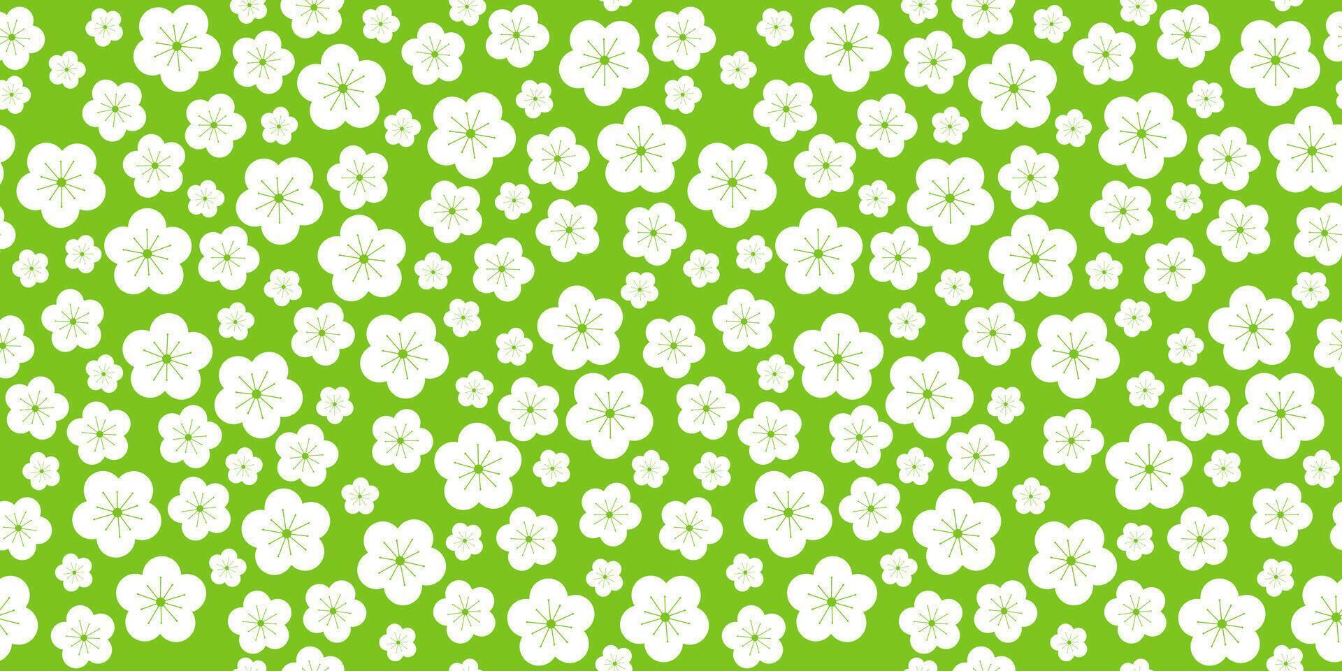 white simple flowers of cherry, apple tree on a green background. seamless pattern for background on the theme of summer, flower meadow, print on fabric, wrapping paper, packaging design vector