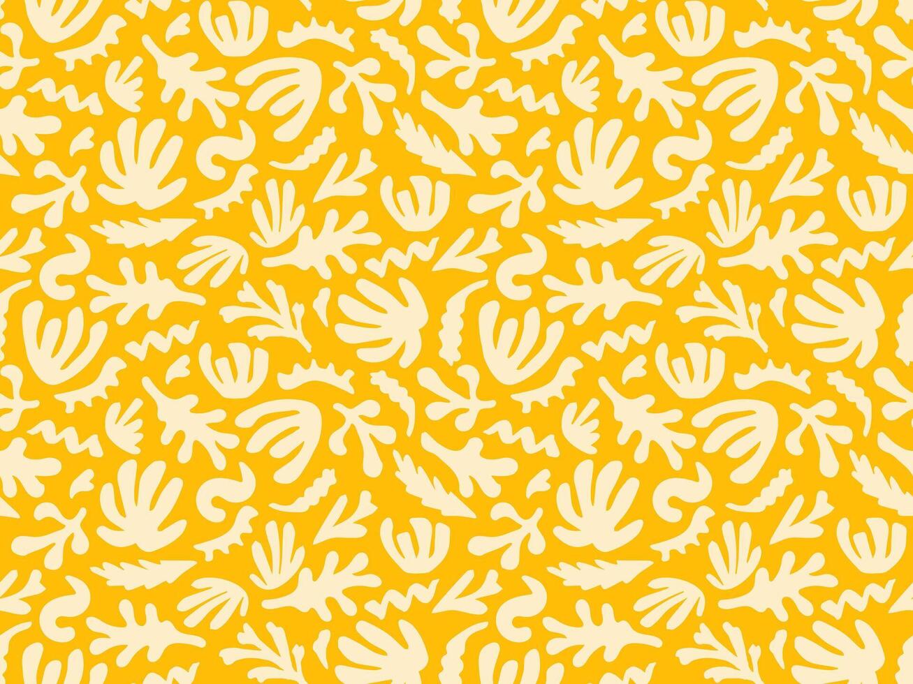 Abstract tropical seamless pattern with leaves, branches, silhouette shapes on yellow background. Hand drawn minimal art background, Surface cover design, Fabric textile print. vector