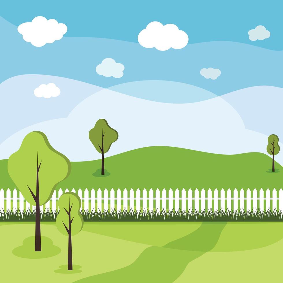 Summer landscape. Trees, grass and a white fence against a blue sky with clouds. vector