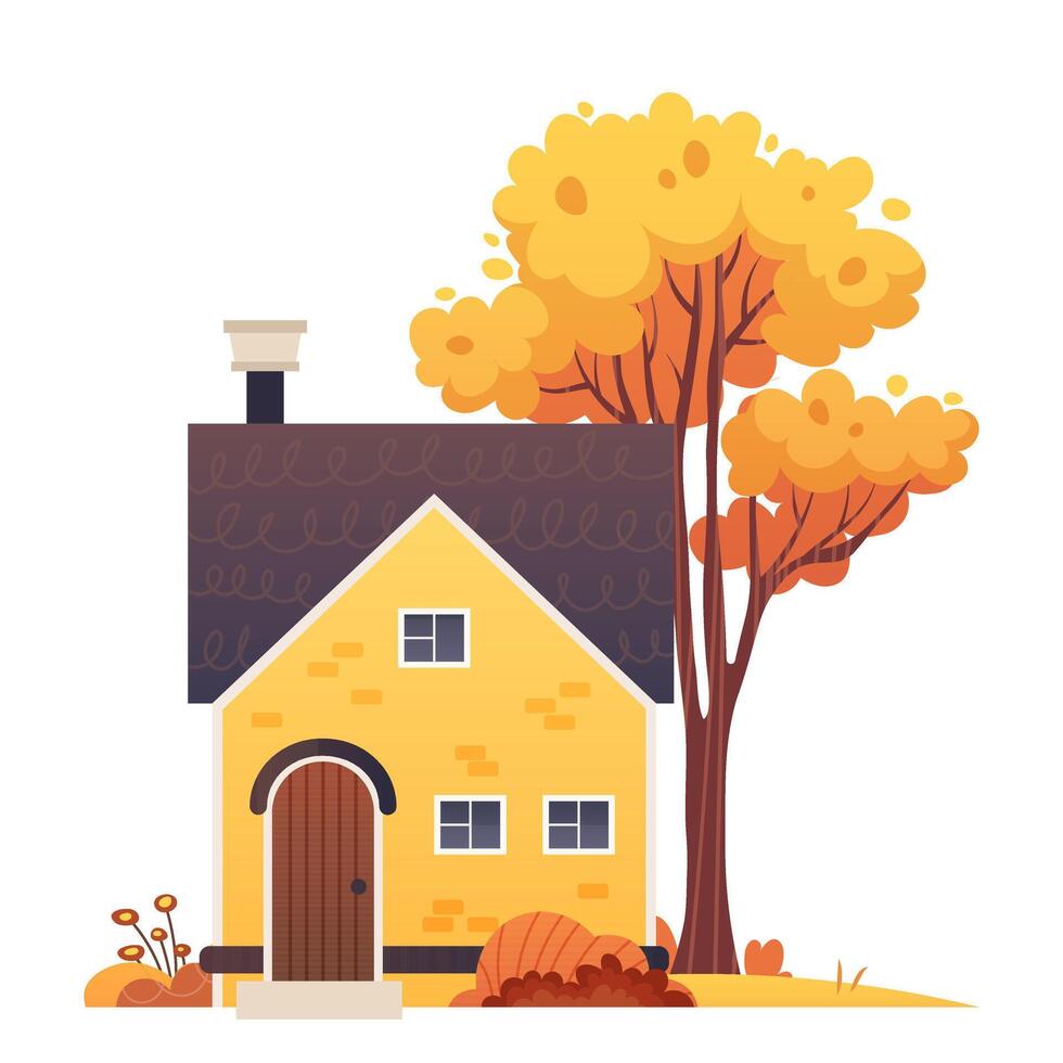 Cute autumn house. Building with autumn trees and bushes. illustration on white background vector