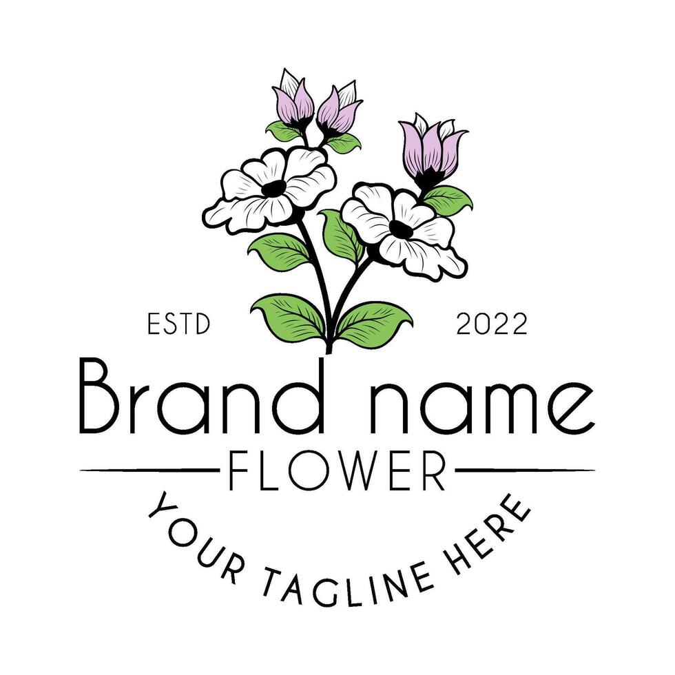 blooming flower logo design with stem and leaves. vector