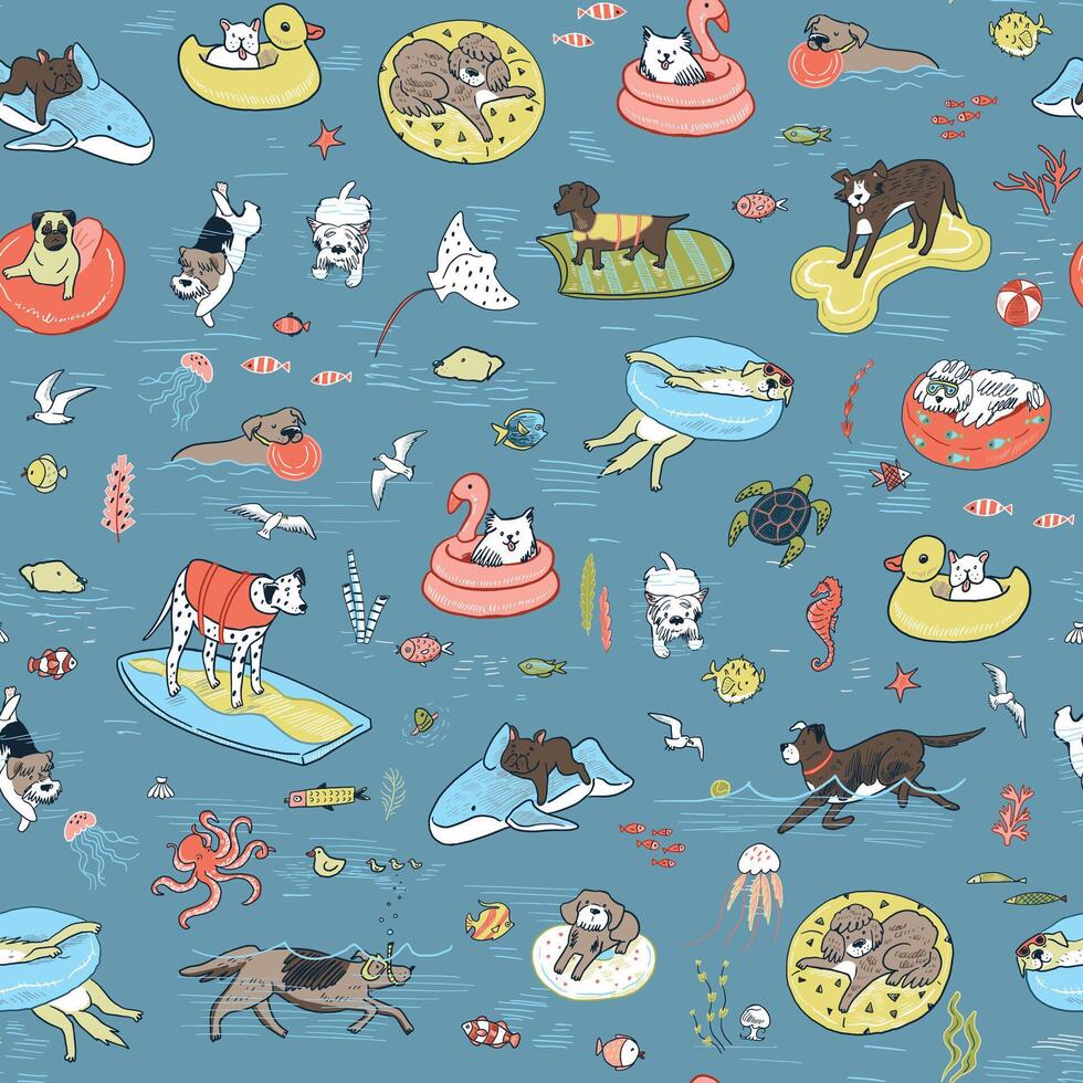 Funny dogs in the swimming pool seamless summer pattern. vector
