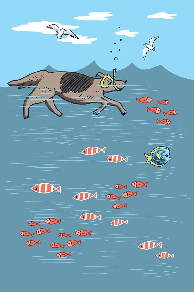 illustration of a dog snorkeling in the sea. vector