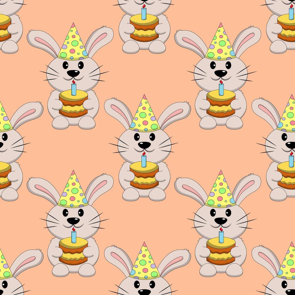Seamless pattern with Cute Rabbit with birthday cake vector