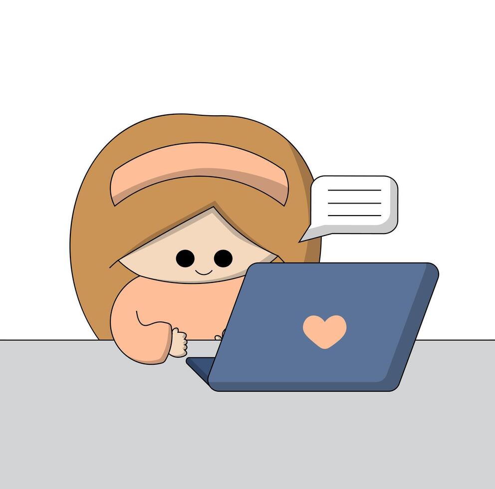 Cute cartoon Girl sitting at laptop in color vector