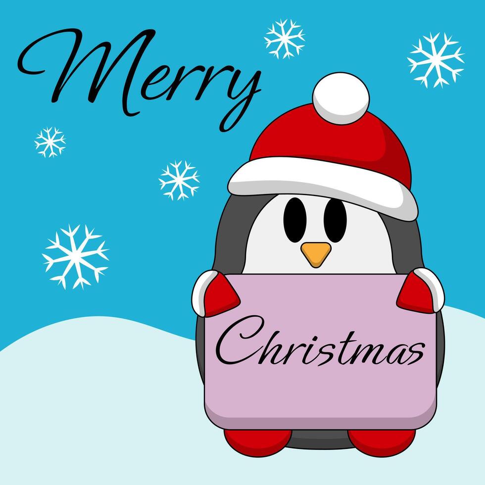 Greeting Christmas postcard with cute Penguin with congratulations vector