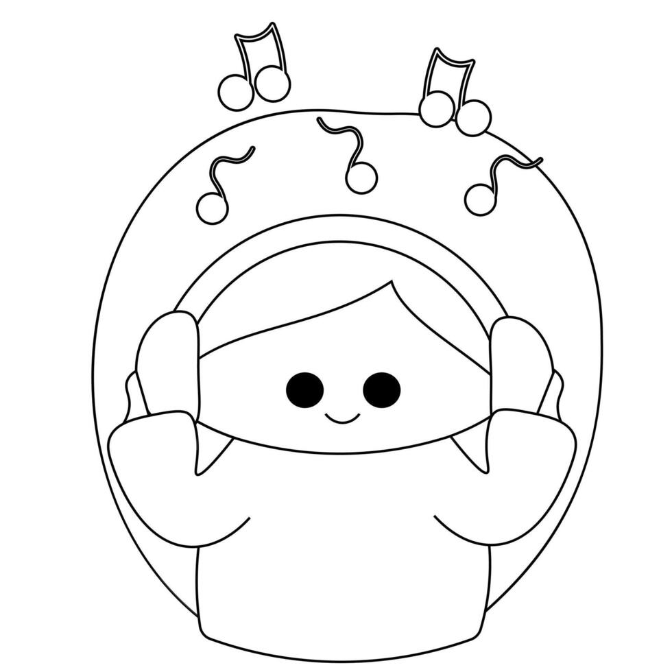 Cute cartoon girl in headphone in black and white vector