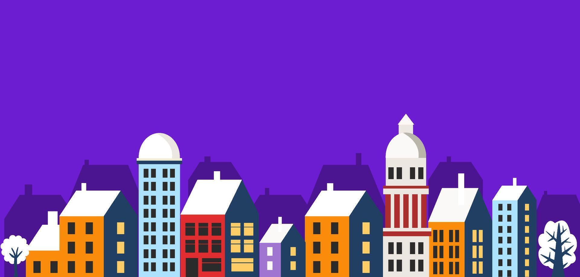 Silhouette of the winter Christmas New Year flat downtown town with houses, windows and roofs covered with snow. 3D illustration. vector
