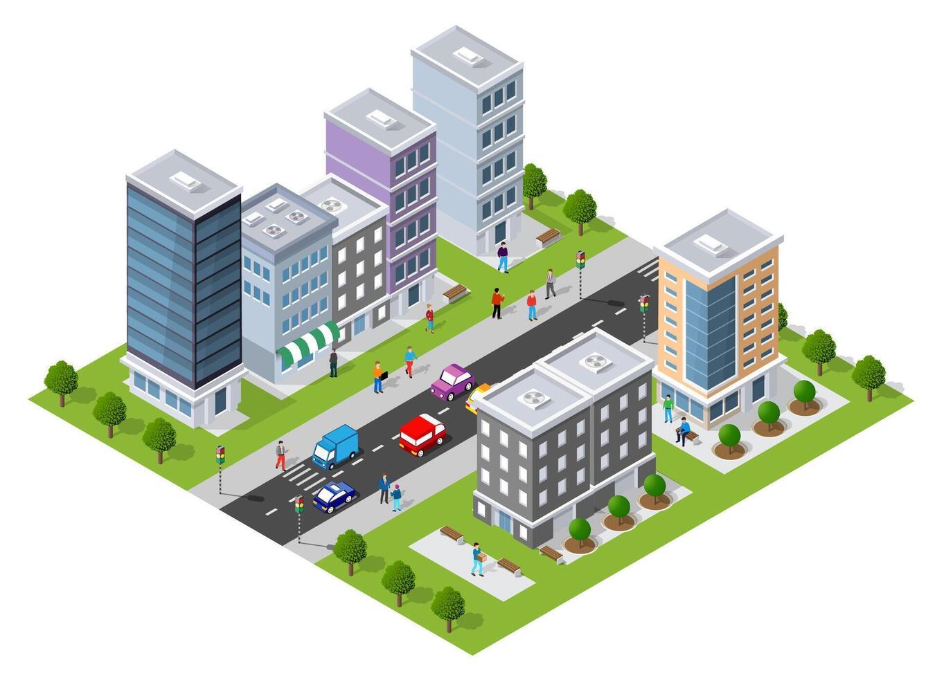 The urban scene feature city architecture, homes, streets, trees, and vehicles on urban-themed backgrounds. Isometric 3D illustrations of urban areas with skyscrapers, streets, vector
