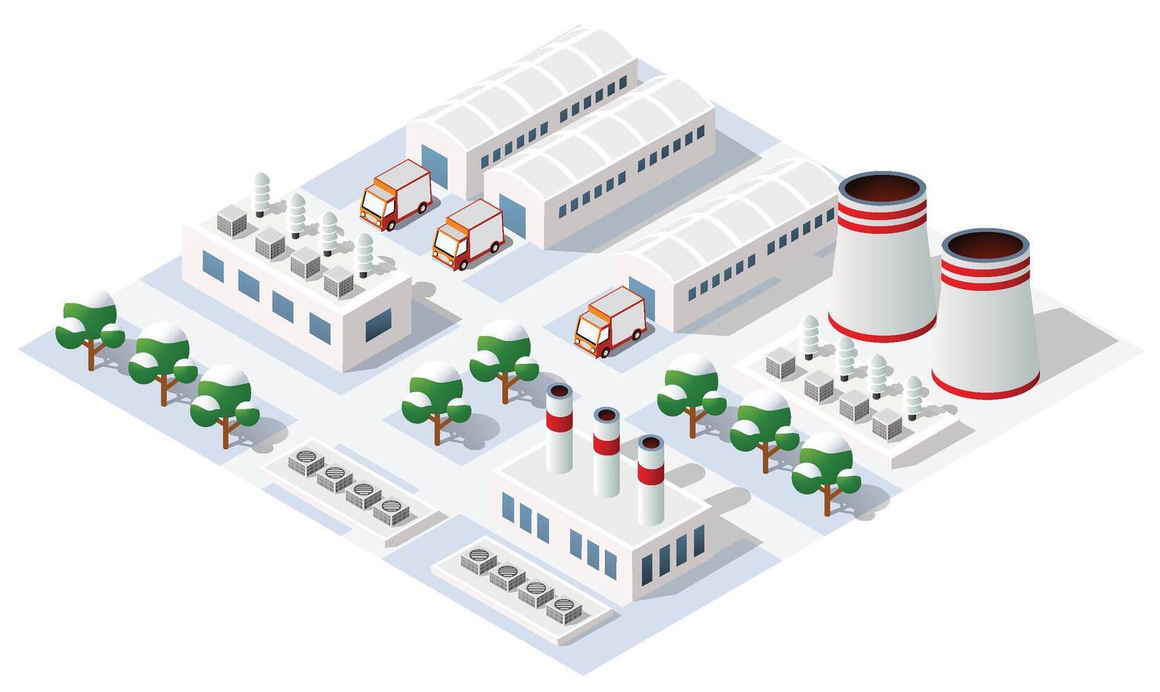 The landscape of industrial objects plants, factories, parking lots, and warehouses. Isometric top view of the city vector