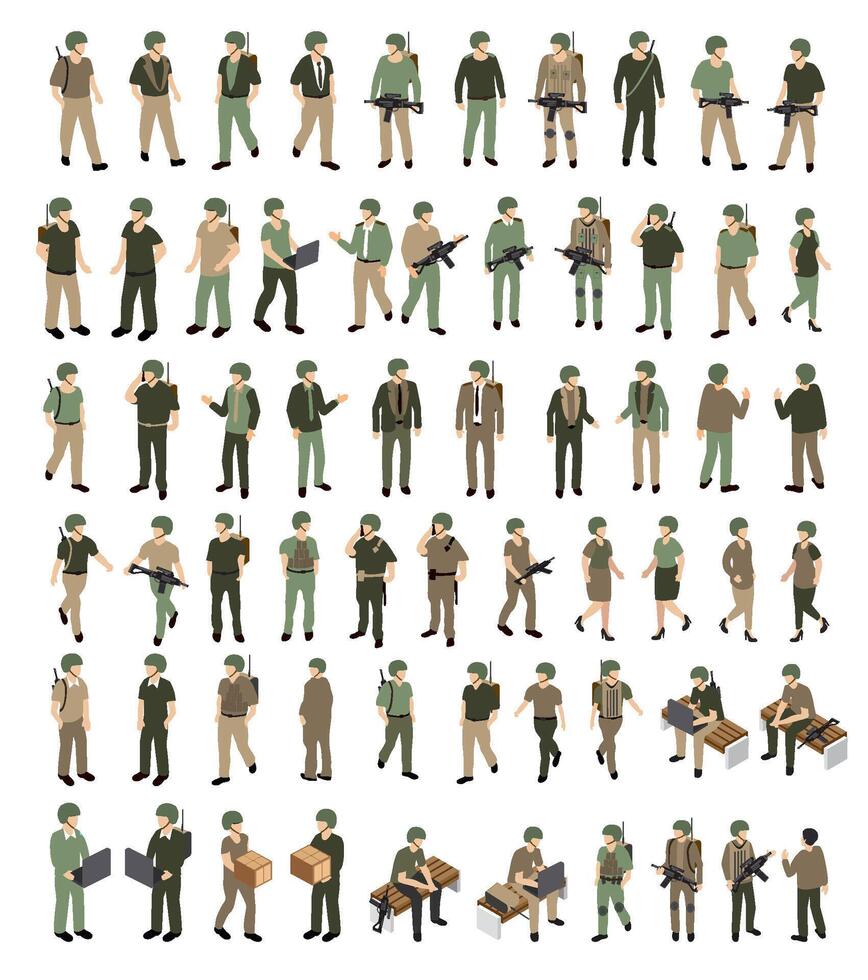 A set of human military soldiers army camouflage people ammunition veteran person war military for design and games. Isometric illustration. vector